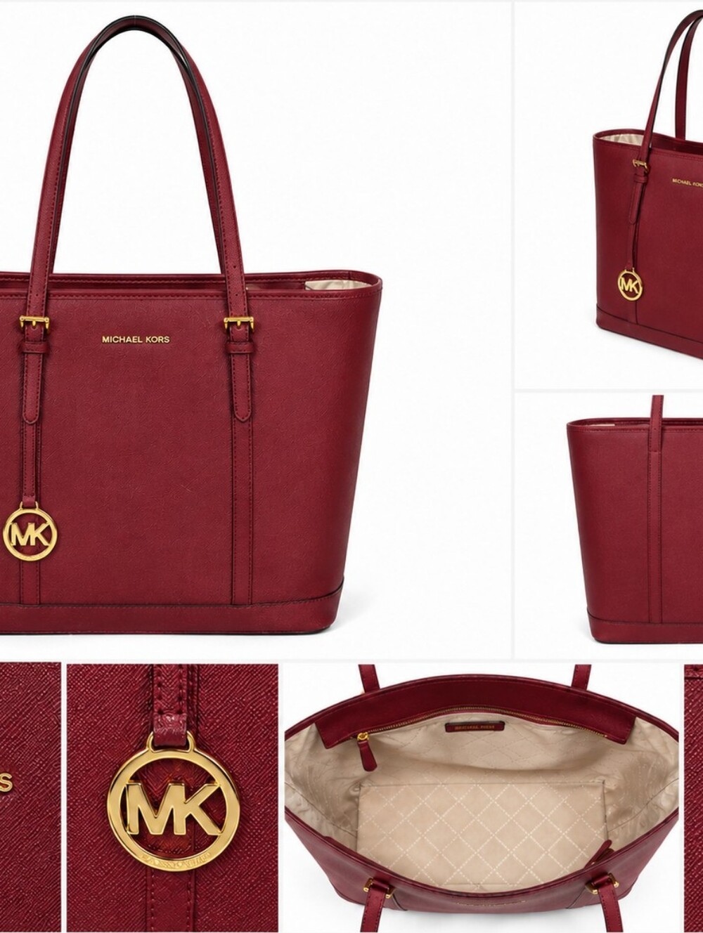 Michael Kors Burgundy Saffiano Leather Tote with Gold Hardware
